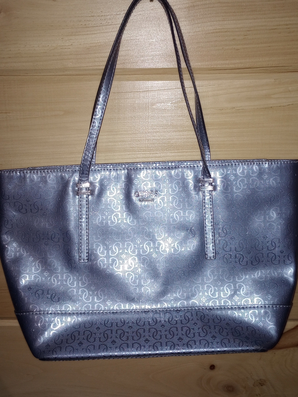 Guess Metallic Silver Monogram Tote Bag